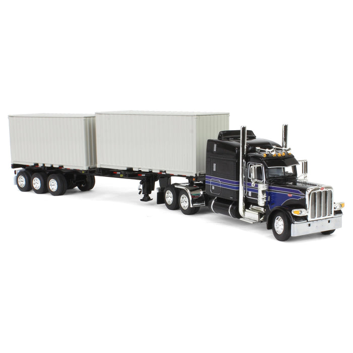 1/64 Jet Black Peterbilt 389 63in Mid-Roof Sleeper w/ Container Chassis & Two 20ft Containers, DCP by First Gear