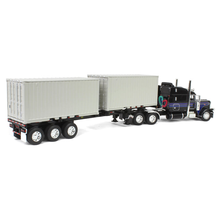 1/64 Jet Black Peterbilt 389 63in Mid-Roof Sleeper w/ Container Chassis & Two 20ft Containers, DCP by First Gear