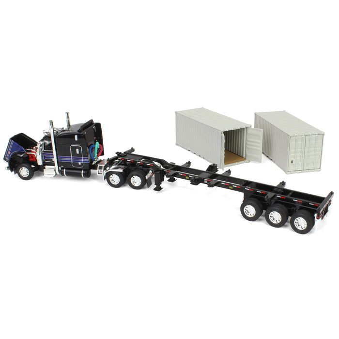 1/64 Jet Black Peterbilt 389 63in Mid-Roof Sleeper w/ Container Chassis & Two 20ft Containers, DCP by First Gear