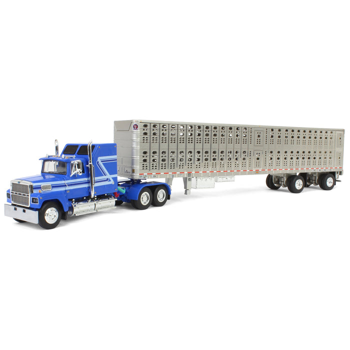 1/64 Blue Ford LTL 9000 60in Aerodyne Sleeper with Wilson Stockmaster PSAL Livestock Trailer, DCP by First Gear