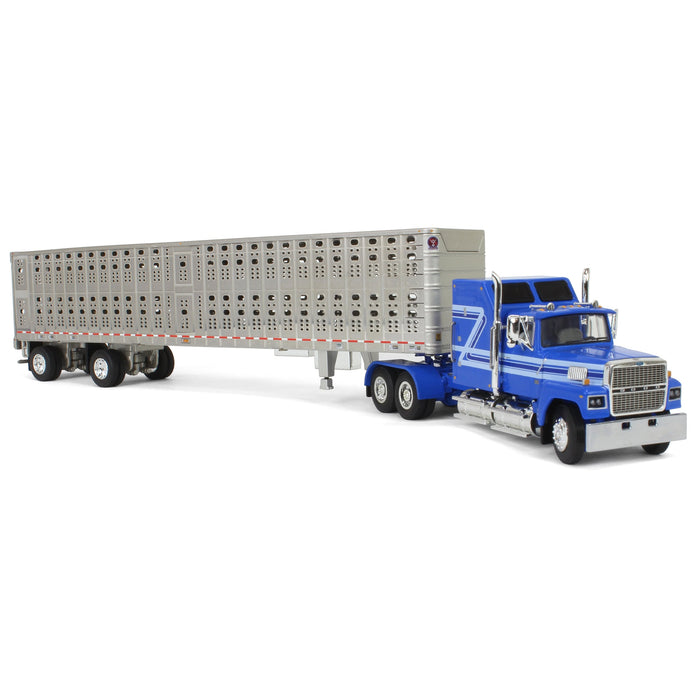 1/64 Blue Ford LTL 9000 60in Aerodyne Sleeper with Wilson Stockmaster PSAL Livestock Trailer, DCP by First Gear