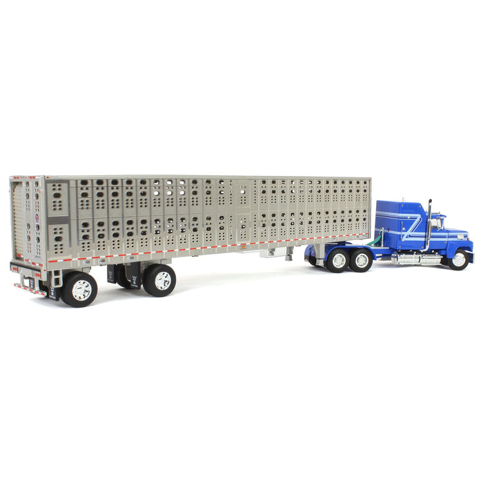 1/64 Blue Ford LTL 9000 60in Aerodyne Sleeper with Wilson Stockmaster PSAL Livestock Trailer, DCP by First Gear