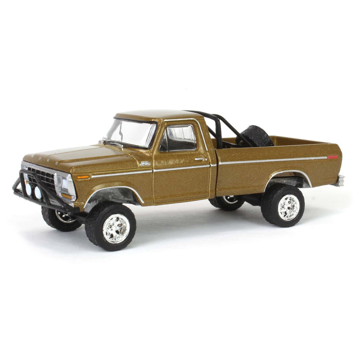 1/64 1979 Ford F250 Ranger Lifted with Rollbar Mounted Spare Tire, Gold Metallic, All-Terrain Series 16