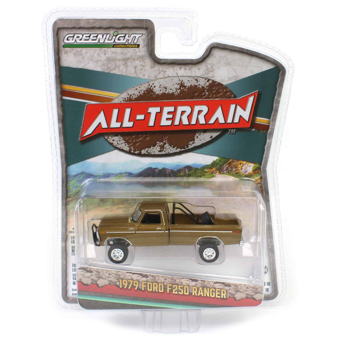 1/64 1979 Ford F250 Ranger Lifted with Rollbar Mounted Spare Tire, Gold Metallic, All-Terrain Series 16