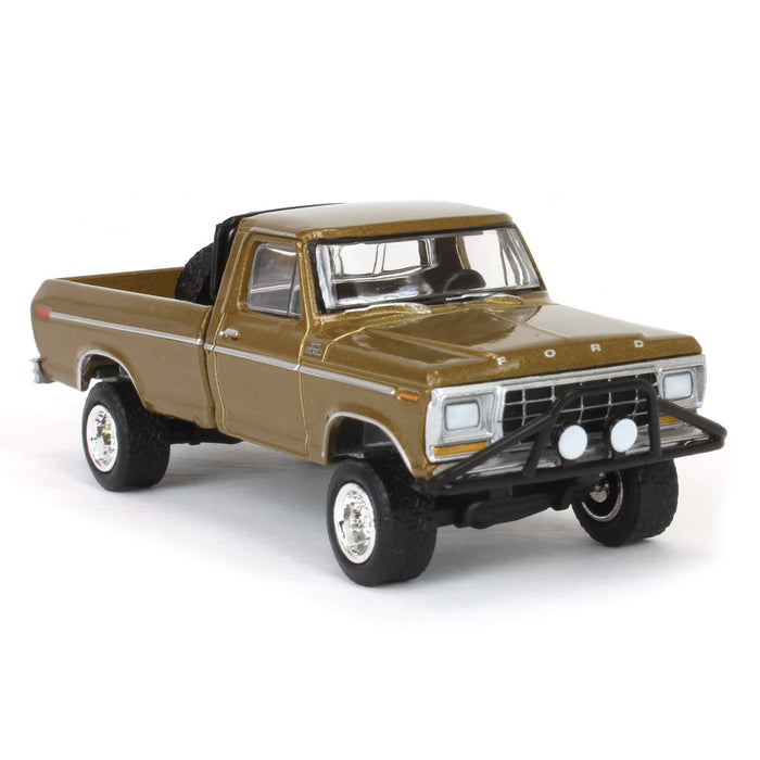 1/64 1979 Ford F250 Ranger Lifted with Rollbar Mounted Spare Tire, Gold Metallic, All-Terrain Series 16