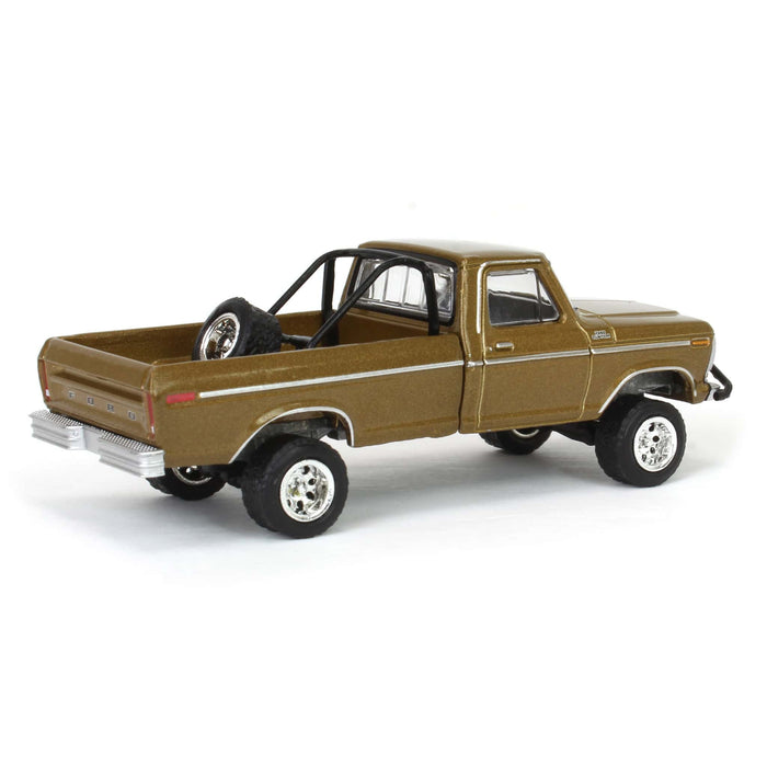 1/64 1979 Ford F250 Ranger Lifted with Rollbar Mounted Spare Tire, Gold Metallic, All-Terrain Series 16