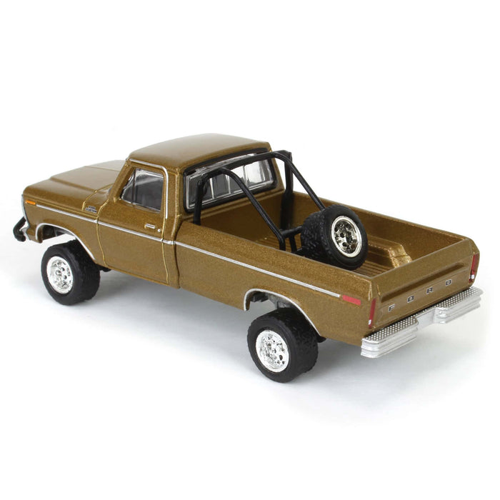 1/64 1979 Ford F250 Ranger Lifted with Rollbar Mounted Spare Tire, Gold Metallic, All-Terrain Series 16