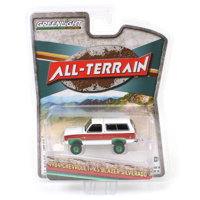 Green Machine ~ 1/64 1984 Chevrolet K5 Blazer Silverado Lifted, Frost White & Apple Red, All-Terrain Series 16