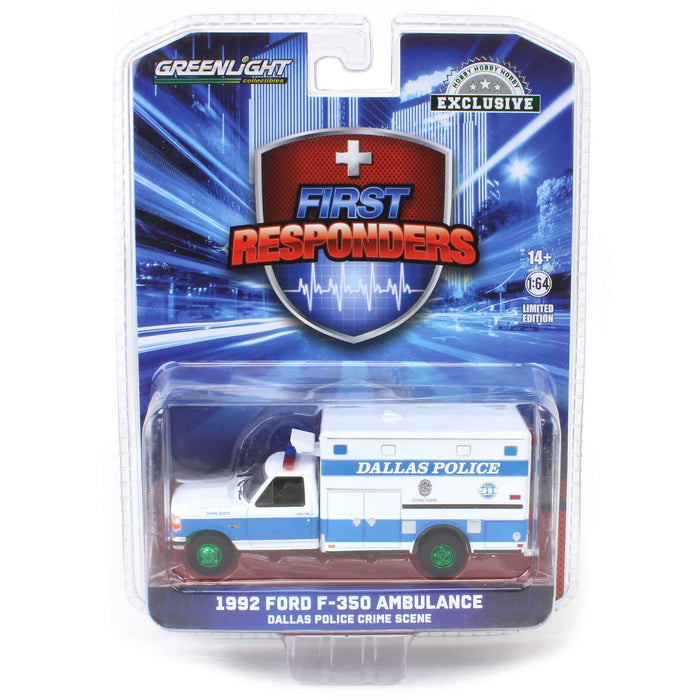 Green Machine ~ 1/64 1992 Ford F-350 Ambulance, Dallas Police Crime Scene, Hobby Exclusive