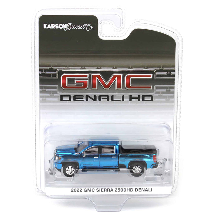 Blue Chrome Chase Unit ~ 1/64 2022 GMC Sierra 2500 Denali, Karson Diecast Exclusive