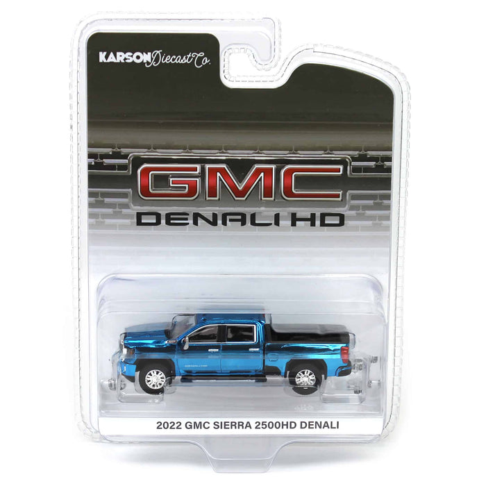 Blue Chrome Chase Unit ~ 1/64 2022 GMC Sierra 2500 Denali, Karson Diecast Exclusive