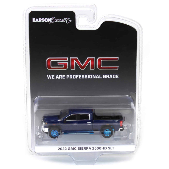 Blue Chrome Chase ~ 1/64 2022 GMC Sierra 2500HD SLT, Pacific Blue, Karson Diecast Exclusive