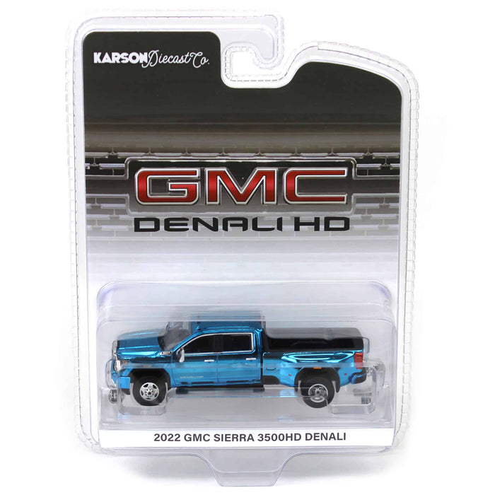 Blue Chrome Chase Unit ~ 1/64 2022 GMC Sierra 3500 Denali Dually, White Frost, Karson Diecast Exclusive