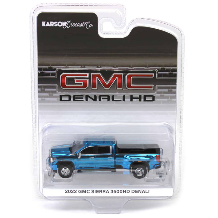 Blue Chrome Chase ~ 1/64 2022 GMC Sierra 3500 Denali Dually, Ebony Twilight Metallic, Karson Diecast Exclusive