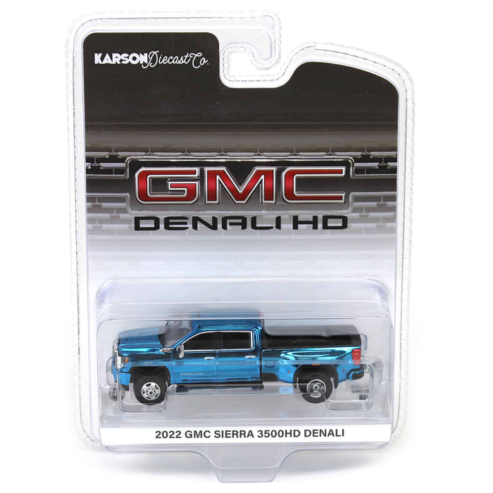 Blue Chrome Chase Unit ~ 1/64 2022 GMC Sierra 3500 Denali Dually, Karson Diecast Exclusive