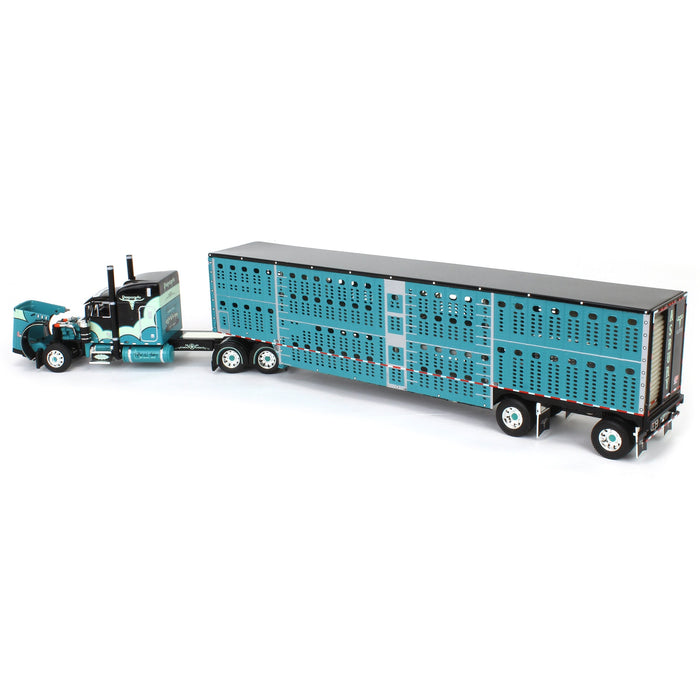 1/64 Teal & Black Peterbilt 379 with Wilson Livestock Trailer, Desperado, DCP by First Gear