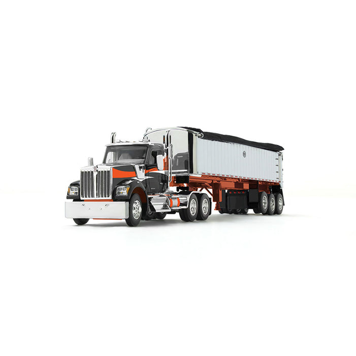 1/64 Black & Orange Kenworth W990 with Chrome MAC Coal End Dump Trailer, DCP by First Gear