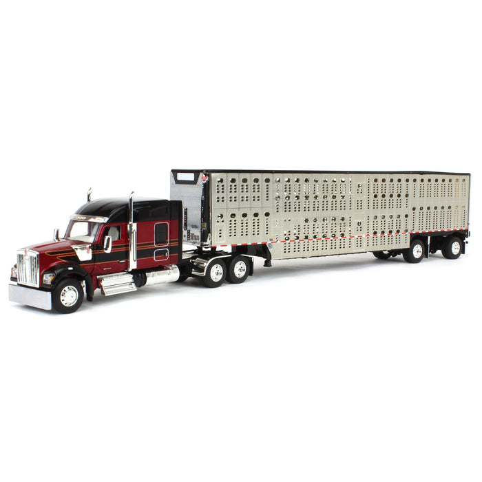 1/64 Burgundy & Black Kenworth W990 with Wilson Silverstar Livestock Trailer, DCP by First Gear