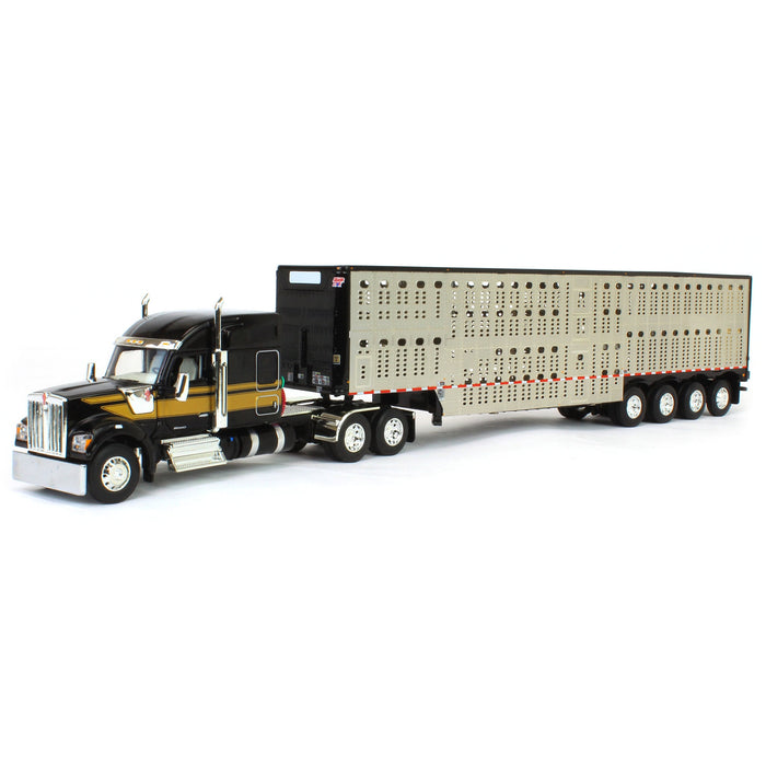 1/64 Black & Gold Kenworth W990 with Wilson Silverstar Livestock Trailer, DCP by First Gear