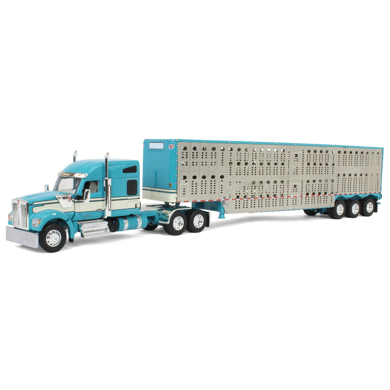 1/64 Turquoise/Cream Kenworth W990 Semi Truck with Wilson Silverstar Livestock Trailer, DCP by First Gear