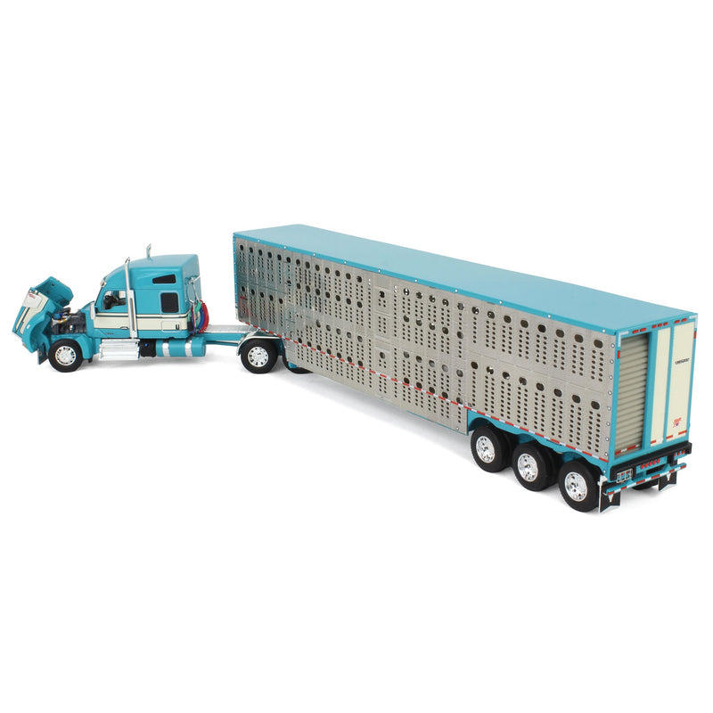 1/64 Turquoise/Cream Kenworth W990 Semi Truck with Wilson Silverstar Livestock Trailer, DCP by First Gear