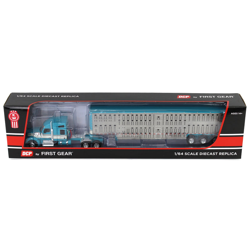 1/64 Turquoise/Cream Kenworth W990 Semi Truck with Wilson Silverstar Livestock Trailer, DCP by First Gear