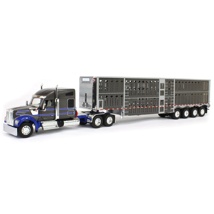 1/64 Gray & Blue Kenworth W990 with Wilson Silverstar Livestock Trailer, DCP by First Gear