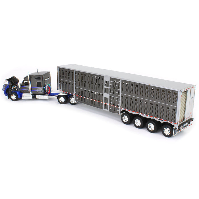 1/64 Gray & Blue Kenworth W990 with Wilson Silverstar Livestock Trailer, DCP by First Gear