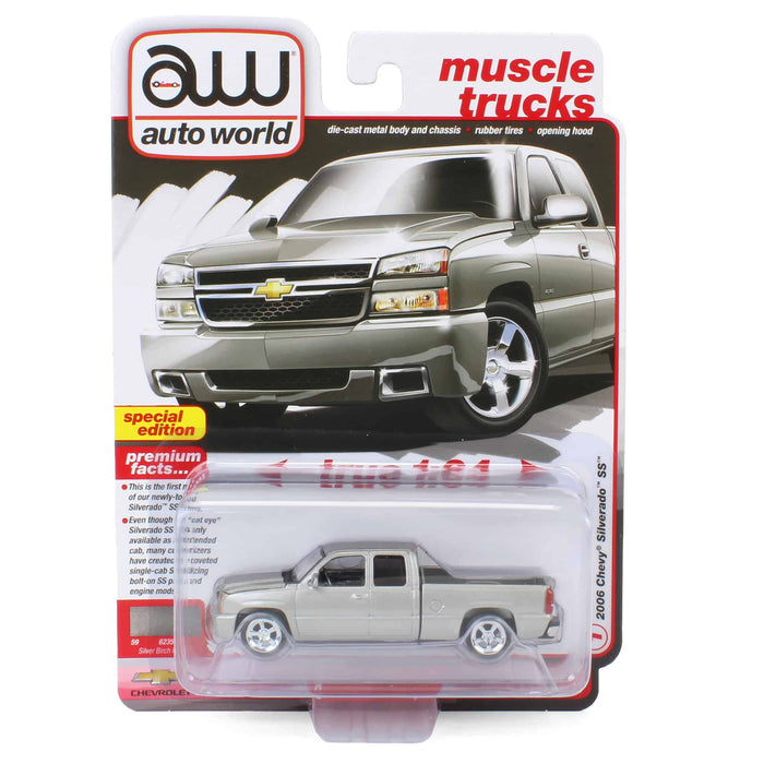 1/64 2006 Chevrolet Silverado SS Extended Cab Fleetside Pickup Truck, Silver, Auto World