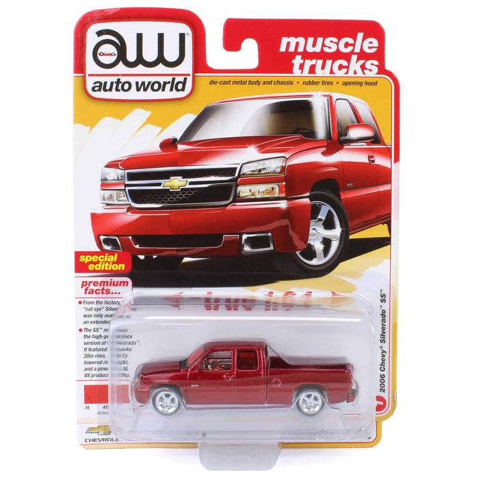 Ultra Red Chase ~ 1/64 2006 Chevrolet Silverado SS Extended Cab Fleetside Pickup Truck, Victory Red, Auto World