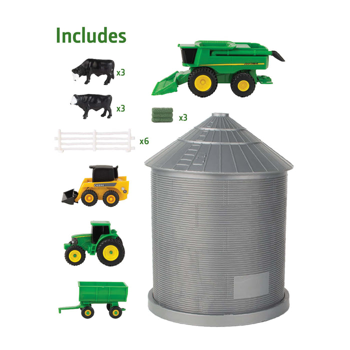 1/64 Big Farm 20-Piece Grain Bin Set with John Deere Combine, Tractor & Skid Steer