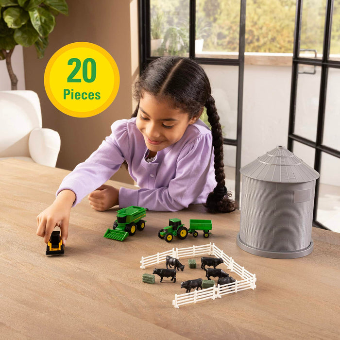 1/64 Big Farm 20-Piece Grain Bin Set with John Deere Combine, Tractor & Skid Steer