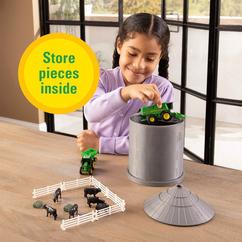 1/64 Big Farm  9" x 6.5" Grain Bin, 20 Piece Farm Set with John Deere Combine, Tractor & Skid Steer