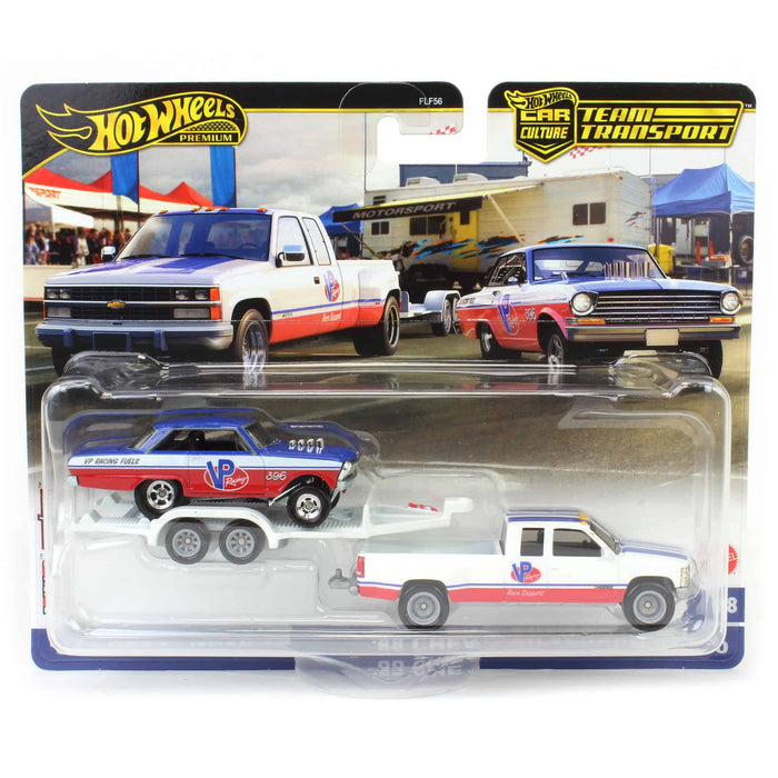 Hot Wheels Premium Team Transport VP Racing Fuels 1988 Chevy Silverado 3500 with Car Hauler Trailer & 1963 Chevy Nova