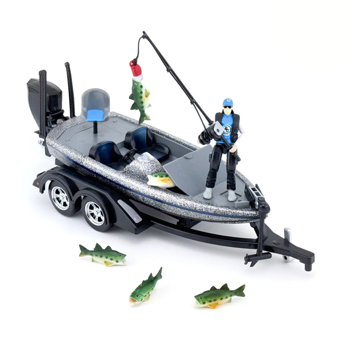 1/20 Professional Bass Boat with Angler, Fish, Fishing Pole, and Boat Trailer by Big Country Toys