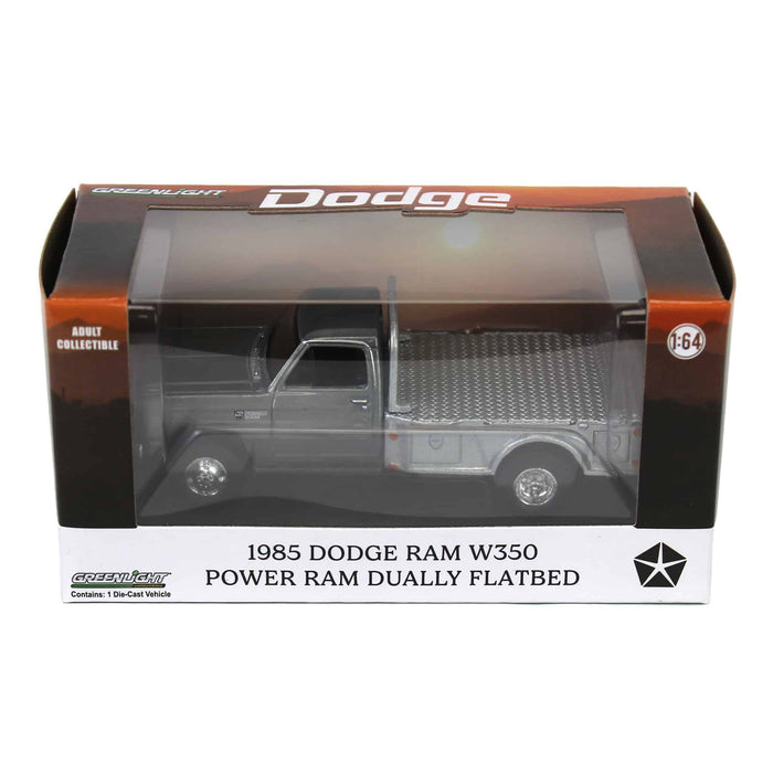 Raw Chase Unit ~ 1/64 1985 Dodge Ram W350 Dually Flatbed Pickup Truck, Black with Silver Flatbed, Diecast Direct Exclusive