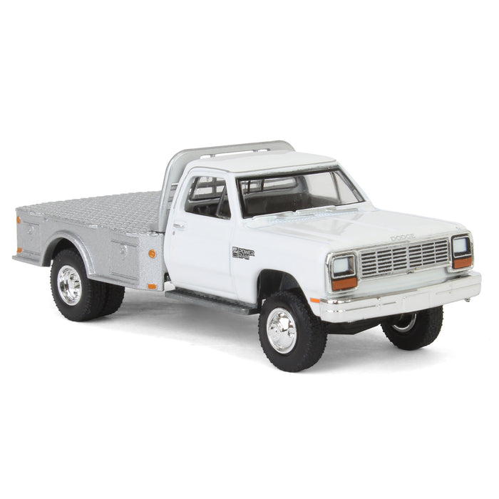 1/64 1985 Dodge Ram W350 Dually Flatbed Pickup Truck, White with Silver Flatbed, Diecast Direct Exclusive