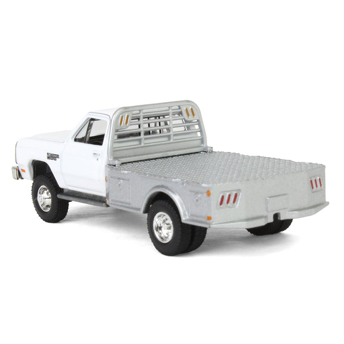 1/64 1985 Dodge Ram W350 Dually Flatbed Pickup Truck, White with Silver Flatbed, Diecast Direct Exclusive