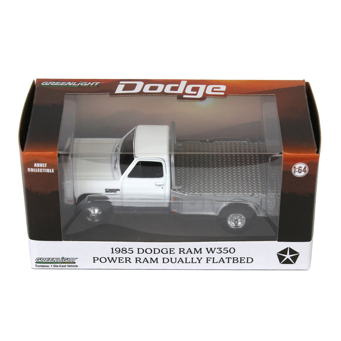 1/64 1985 Dodge Ram W350 Dually Flatbed Pickup Truck, White with Silver Flatbed, Diecast Direct Exclusive