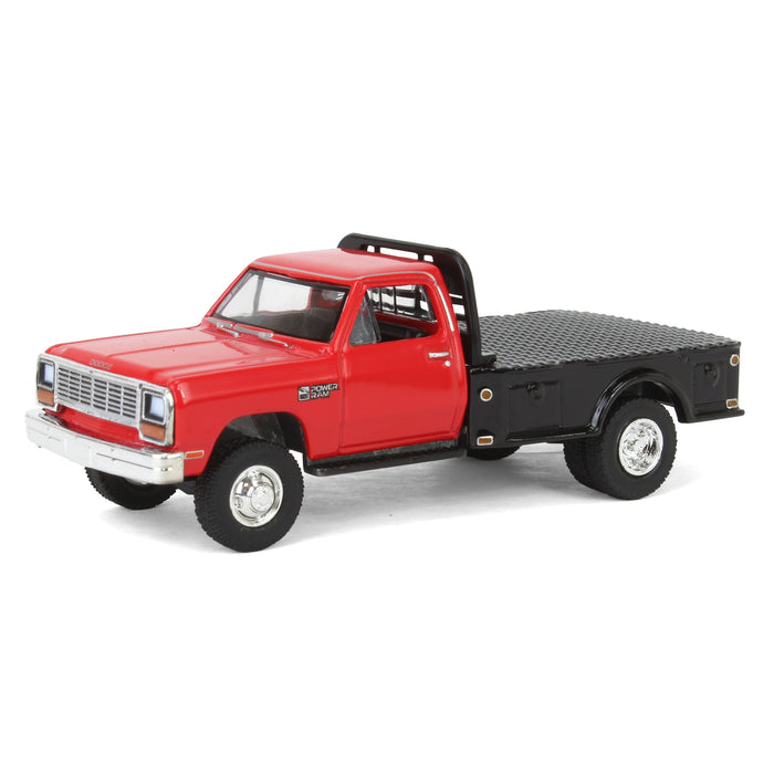 1/64 1985 Dodge Ram W350 Dually Flatbed Pickup Truck, Red with Black Flatbed, Diecast Direct Exclusive