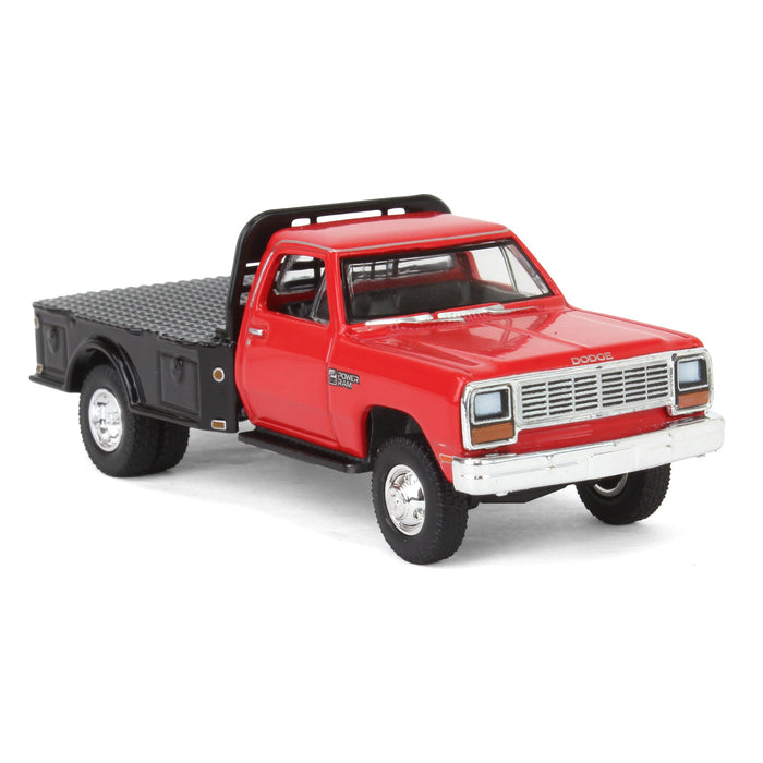 1/64 1985 Dodge Ram W350 Dually Flatbed Pickup Truck, Red with Black Flatbed, Diecast Direct Exclusive