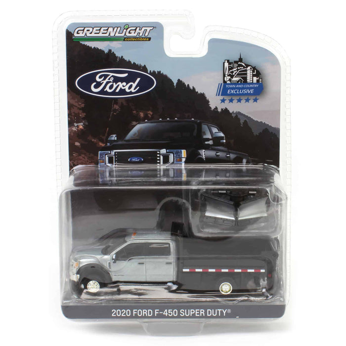 Raw Chase Unit ~ 1/64 2020 Ford F-450 XLT Super Duty Dually with V-Plow & Dump Bed, Oxford White, Town & Country Exclusive