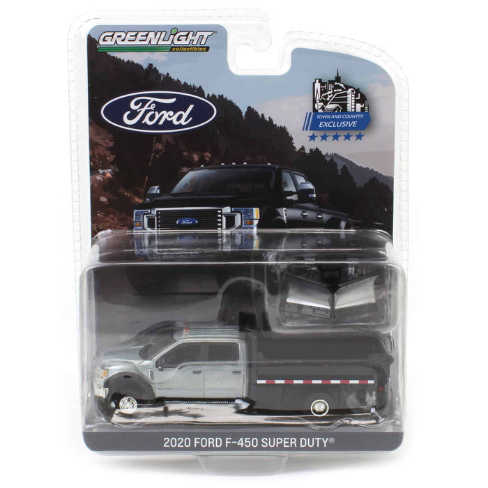 Raw Chase Unit ~ 1/64 2020 Ford F-450 XLT Super Duty Dually with V-Plow & Dump Bed, Agate Black, Town & Country Exclusive