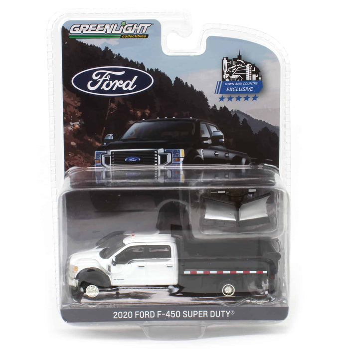 1/64 2020 Ford F-450 XLT Super Duty Dually with V-Plow & Dump Bed, Oxford White, Town & Country Exclusive