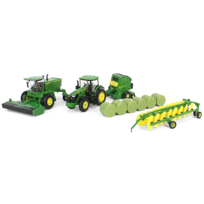 1/64 John Deere Haying Set w/ W235R Windrower, 7R 250 Tractor, Hay Rake, 561R Baler & 6 Bales