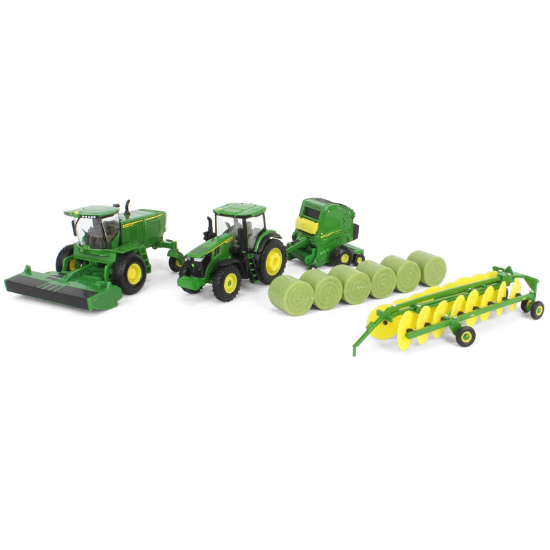 (B&D) 1/64 John Deere Haying Set with W235R Windrower, 7R 250 Tractor, Hay Rake, 561R Baler & 6 Bales - Damaged Item