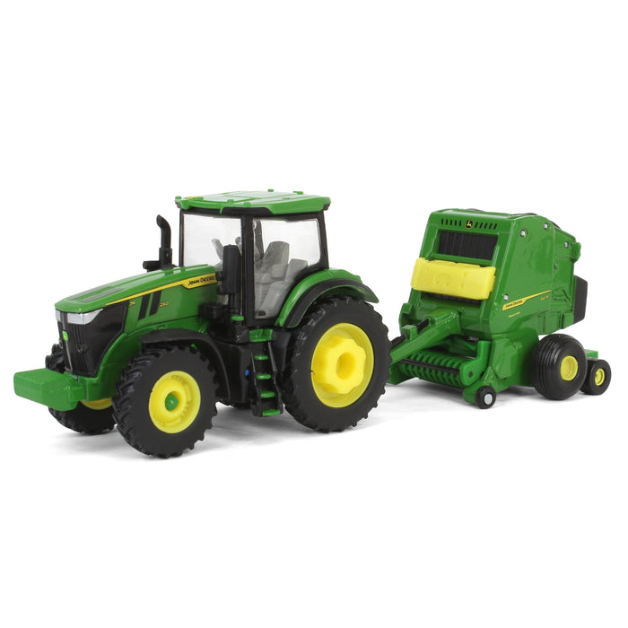 1/64 John Deere Haying Set w/ W235R Windrower, 7R 250 Tractor, Hay Rake, 561R Baler & 6 Bales