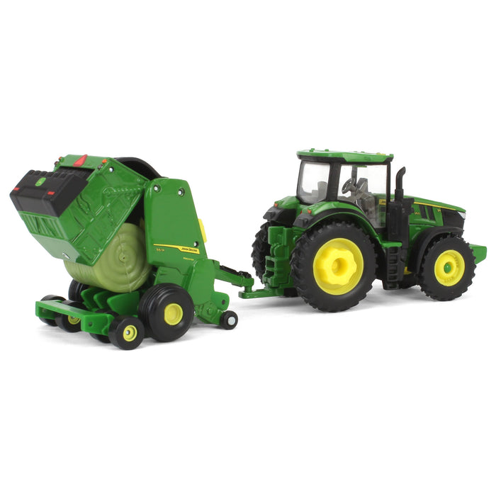 1/64 John Deere Haying Set w/ W235R Windrower, 7R 250 Tractor, Hay Rake, 561R Baler & 6 Bales