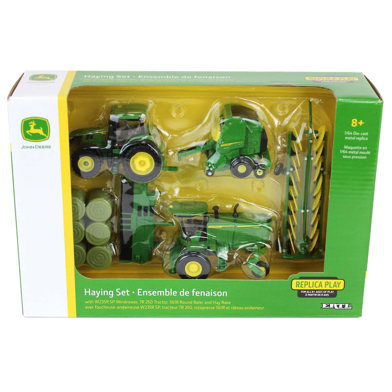 (B&D) 1/64 John Deere Haying Set with W235R Windrower, 7R 250 Tractor, Hay Rake, 561R Baler & 6 Bales - Damaged Item
