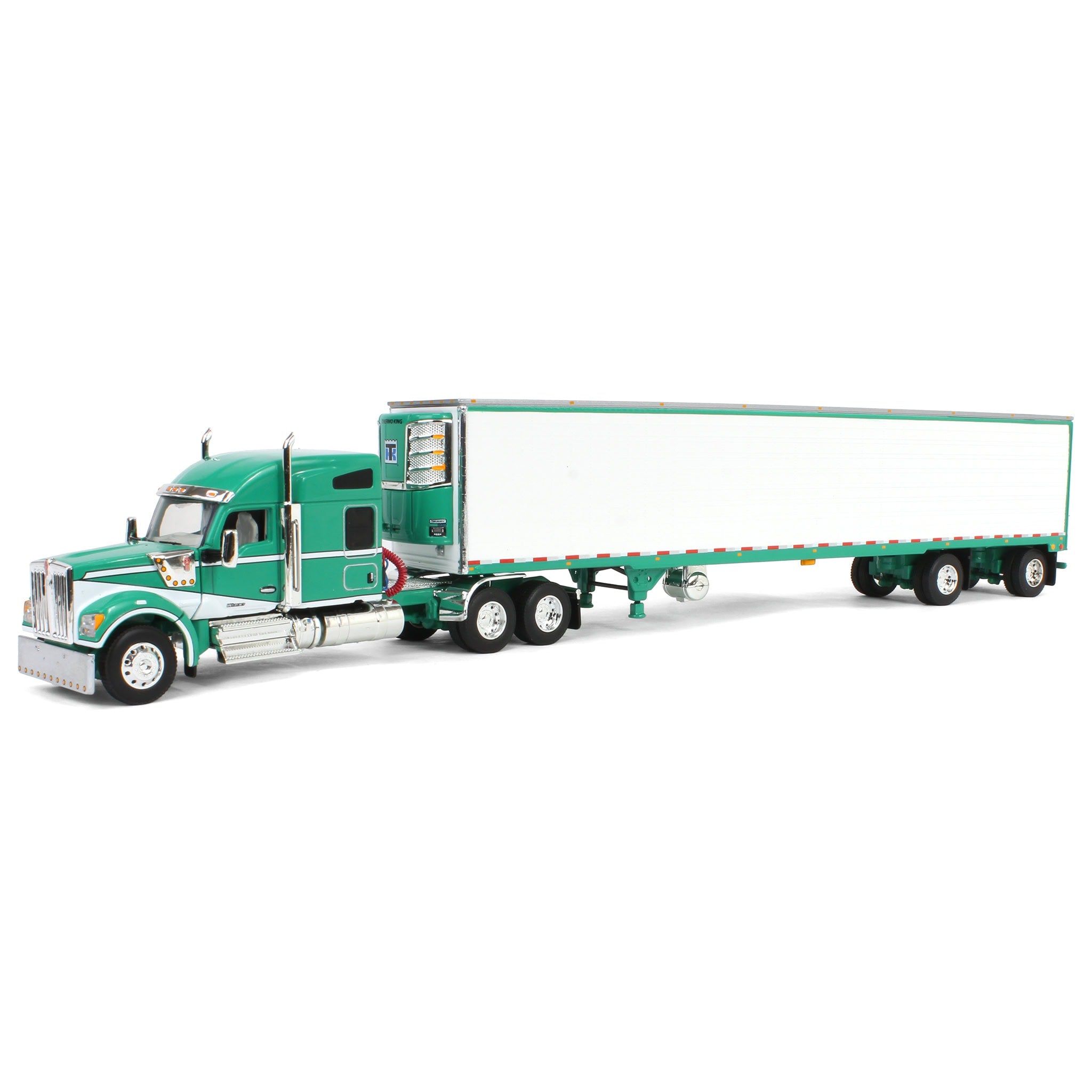 1/64 Green & White Kenworth W990 with Spread Axle Reefer Trailer
